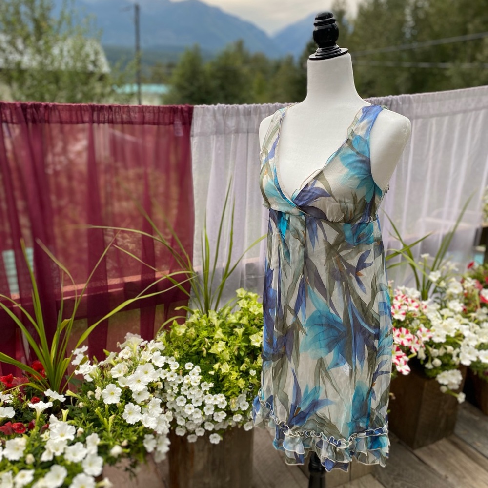 Floral silk mini dress with nude underlay